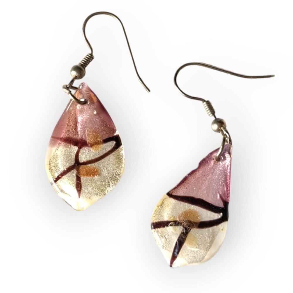 Purple and white glass drop fish hook earrings